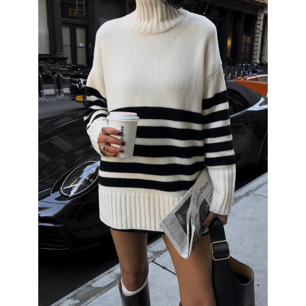 Line & Dot Abbey Sweater Dress Ivory Black Stripe Turtleneck Knit Sz Small NEW